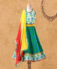 Kids Chakra Sleeveless Flowers Printed Choli With Lehenga & Pom Pom Detailed Dupatta Set - Blue & Green Kids Chakra Sleeveless Flowers Printed Choli With Lehenga & Pom Pom Detailed Dupatta Set - Blue & Green