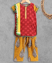 Kids Chakra Half Sleeves Kurta With Dupatta & Printed Salwar Set - Red & Yellow Kids Chakra Half Sleeves Kurta With Dupatta & Printed Salwar Set - Red & Yellow