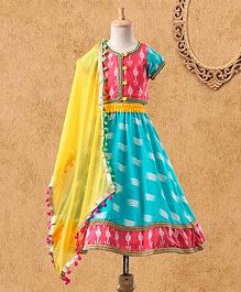 Kids Chakra Half Sleeves Geometric Ghagra Choli Set With Dupatta - Teal & Pink Kids Chakra Half Sleeves Geometric Ghagra Choli Set With Dupatta - Teal & Pink