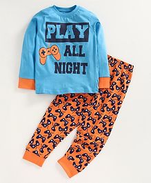 Kiddopanti Play All Night Printed Full Sleeves Night Suit - Blue & Orange Kiddopanti Play All Night Printed Full Sleeves Night Suit - Blue & Orange