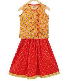 Campana Sleeveless Lotus Flower Printed Top With Skirt Set - Mustard & Red Campana Sleeveless Lotus Flower Printed Top With Skirt Set - Mustard & Red
