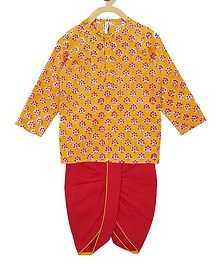 Campana Full Sleeves Small Flowers Printed Kurta With Dhoti - Mustard & Red Campana Full Sleeves Small Flowers Printed Kurta With Dhoti - Mustard & Red