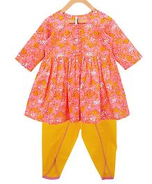 Campana Three Fourth Sleeves Flowers Printed Kurta & Dhoti Set - Pink & Yellow Campana Three Fourth Sleeves Flowers Printed Kurta & Dhoti Set - Pink & Yellow