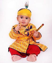 KID1 Flower Print Half Sleeves Kurta With Dhoti Basuri & Mukut - Yellow KID1 Flower Print Half Sleeves Kurta With Dhoti Basuri & Mukut - Yellow