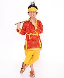 KID1 Tiny Flower Print Full Sleeves Kurta With Dhoti Basuri & Mukut - Red KID1 Tiny Flower Print Full Sleeves Kurta With Dhoti Basuri & Mukut - Red