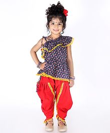 KID1 Flower Print Sleeveless Frill Peplum Top With Dhoti - Navy & Red KID1 Flower Print Sleeveless Frill Peplum Top With Dhoti - Navy & Red
