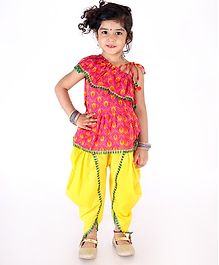KID1 Printed Sleeveless Frill Peplum Top With Dhoti - Pink & Yellow KID1 Printed Sleeveless Frill Peplum Top With Dhoti - Pink & Yellow