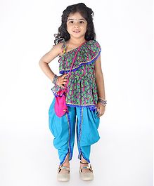 KID1 Leaves Print Sleeveless Frill Peplum Top With Dhoti & Potli Bag - Pink KID1 Leaves Print Sleeveless Frill Peplum Top With Dhoti & Potli Bag - Pink