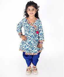 KID1 Flower Print Full Sleeves Mirror Pom-Pom Kurti & Dhoti Set - Blue KID1 Flower Print Full Sleeves Mirror Pom-Pom Kurti & Dhoti Set - Blue