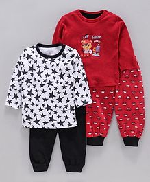 Kidi Wav Pack Of 2 Pair Of Full Sleeves Star & Cartoon Printed Tee & Bottoms Set - Red & Black Kidi Wav Pack Of 2 Pair Of Full Sleeves Star & Cartoon Printed Tee & Bottoms Set - Red & Black