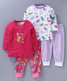 Kidi Wav Full Sleeves Teddy Bear & Animal Print Pack Of Two Tees With Pack Of Two Pajamas - Pink White Kidi Wav Full Sleeves Teddy Bear & Animal Print Pack Of Two Tees With Pack Of Two Pajamas - Pink White