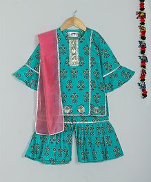 Little Bansi Three Fourth Sleeves Flower Print Kurta With Dupatta & Sharara Set - Green Little Bansi Three Fourth Sleeves Flower Print Kurta With Dupatta & Sharara Set - Green