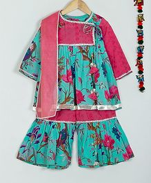 Little Bansi Three Fourth Sleeves Floral Bird Print Kurta With Dupatta & Sharara Set - Multicolor Little Bansi Three Fourth Sleeves Floral Bird Print Kurta With Dupatta & Sharara Set - Multicolor