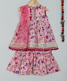 Little Bansi Floral Print Sleeveless Kurta With Dupatta & Sharara - Pink Little Bansi Floral Print Sleeveless Kurta With Dupatta & Sharara - Pink