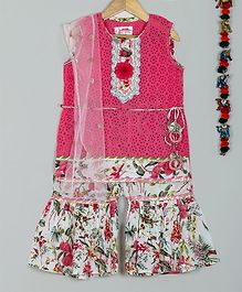 Little Bansi Schiffli Sleeveless Kurta With Dupatta & Sharara - Pink Little Bansi Schiffli Sleeveless Kurta With Dupatta & Sharara - Pink