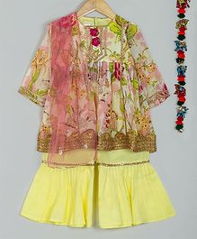 Little Bansi Three Fourth Sleeves Flower Print Kurta With Dupatta & Sharara Set - Yellow Little Bansi Three Fourth Sleeves Flower Print Kurta With Dupatta & Sharara Set - Yellow