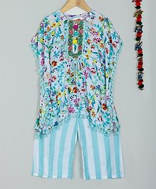 Little Bansi Short Sleeves Flower Print Pom Pom Kaftan Kurta With Palazzo - Blue Little Bansi Short Sleeves Flower Print Pom Pom Kaftan Kurta With Palazzo - Blue