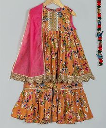 Little Bansi Sleeveless Flower Print Golden Lace Hem Kurta With Dupatta & Sharara Set - Mustard Orange Little Bansi Sleeveless Flower Print Golden Lace Hem Kurta With Dupatta & Sharara Set - Mustard Orange
