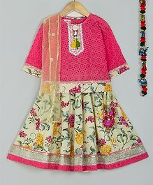 Little Bansi Schiffli Three Fourth Sleeves Choli With Flower Print Lehenga & Dupatta - Pink Little Bansi Schiffli Three Fourth Sleeves Choli With Flower Print Lehenga & Dupatta - Pink