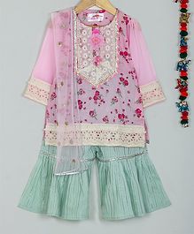 Little Bansi Three Fourth Sleeves Rose Flower Print Kurta With Dupatta & Sharara Set - Pink Little Bansi Three Fourth Sleeves Rose Flower Print Kurta With Dupatta & Sharara Set - Pink