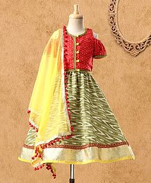 Kids Chakra Half Sleeves Cold Shoulder Choli With Ikat Lehenga & Dupatta - Orange Kids Chakra Half Sleeves Cold Shoulder Choli With Ikat Lehenga & Dupatta - Orange