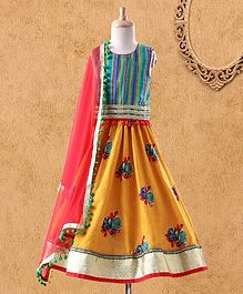 Kids Chakra Sleeveless Striped Choli With Flower Print Lehenga & Dupatta - Blue Yellow Kids Chakra Sleeveless Striped Choli With Flower Print Lehenga & Dupatta - Blue Yellow