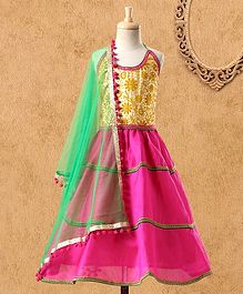 Kids Chakra Sleeveless Floral Choli With Layered Lehenga & Dupatta - Yellow Pink Kids Chakra Sleeveless Floral Choli With Layered Lehenga & Dupatta - Yellow Pink