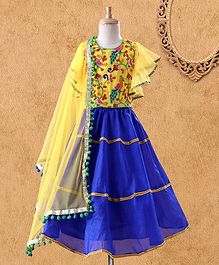 Kids Chakra Sleeveless Peacock Embroidered Choli With Lehenga - Yellow Blue Kids Chakra Sleeveless Peacock Embroidered Choli With Lehenga - Yellow Blue