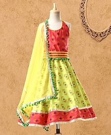 Kids Chakra Sleeveless Halter Neck Butti Work Choli With Lehenga - Orange Green Kids Chakra Sleeveless Halter Neck Butti Work Choli With Lehenga - Orange Green