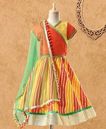 Kids Chakra Short Sleeves Color Blocked Choli With Leheriya Lehenga & Dupatta - Orange Kids Chakra Short Sleeves Color Blocked Choli With Leheriya Lehenga & Dupatta - Orange