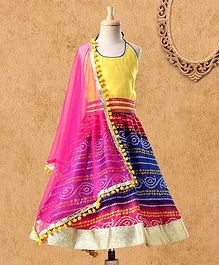 Kids Chakra Sleeveless Choli With Bandhani Print Lehenga - Yellow Blue Kids Chakra Sleeveless Choli With Bandhani Print Lehenga - Yellow Blue