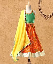 Kids Chakra Sleeveless Choli With Printed Lehenga - Green Orange Kids Chakra Sleeveless Choli With Printed Lehenga - Green Orange
