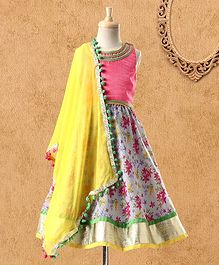 Kids Chakra Sleeveless Choli With Floral Print Lehenga - Pink Grey Kids Chakra Sleeveless Choli With Floral Print Lehenga - Pink Grey