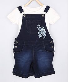 GINI & JONY Solid Short Sleeves Top With Flower Printed Dungaree - White & Blue GINI & JONY Solid Short Sleeves Top With Flower Printed Dungaree - White & Blue