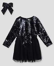 Cherry Crumble By Nitt Hyman Full Sleeves Sequin Embellished Dress & Bow Hair Clip Set - Black Cherry Crumble By Nitt Hyman Full Sleeves Sequin Embellished Dress & Bow Hair Clip Set - Black