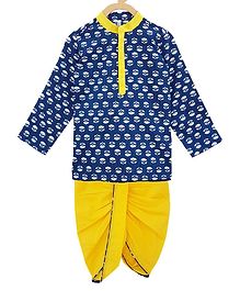 Campana Full Sleeves Motif Print Kurta With Dhoti - Blue Yellow Campana Full Sleeves Motif Print Kurta With Dhoti - Blue Yellow