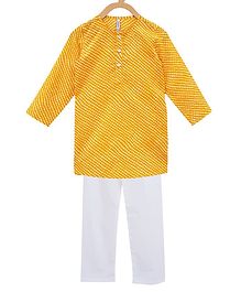 Campana Full Sleeves Leheriya Kurta With Pajama - Yellow White Campana Full Sleeves Leheriya Kurta With Pajama - Yellow White