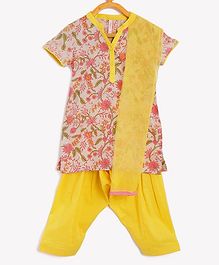 Campana Short Sleeves Floral Print Kurta With Salwar & Dupatta - Yellow Campana Short Sleeves Floral Print Kurta With Salwar & Dupatta - Yellow