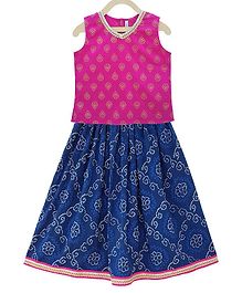Campana Sleeveless Motif Print Choli With Lehenga - Pink Blue Campana Sleeveless Motif Print Choli With Lehenga - Pink Blue