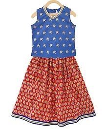 Campana Sleeveless Motif Print Choli With Lehenga - Blue Campana Sleeveless Motif Print Choli With Lehenga - Blue