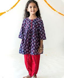 Campana Full Sleeves Flower Print Kurta With Dhoti - Purple Red Campana Full Sleeves Flower Print Kurta With Dhoti - Purple Red