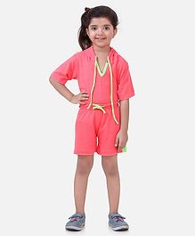 Lilpicks Couture Half Sleeves Solid Hooded Tee & Shorts Set - Pink Lilpicks Couture Half Sleeves Solid Hooded Tee & Shorts Set - Pink