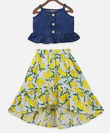Lilpicks Couture Sleeveless Denim Strappy Top With Low-High Lemon Printed Skirt Set - Navy Blue & Lemon Yellow Lilpicks Couture Sleeveless Denim Strappy Top With Low-High Lemon Printed Skirt Set - Navy Blue & Lemon Yellow