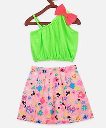Lilpicks Couture Sleeveless Bow Detailed Crop Top With Pleated Floral Printed Skirt Set - Neon Green & Pink Lilpicks Couture Sleeveless Bow Detailed Crop Top With Pleated Floral Printed Skirt Set - Neon Green & Pink