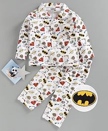 Eteenz Full Sleeves Night Suit Super Heroes Logo Print - White Eteenz Full Sleeves Night Suit Super Heroes Logo Print - White