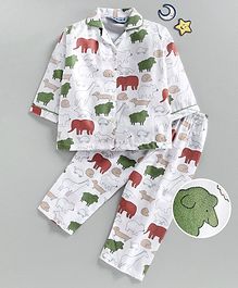 Enfance Core Animal Printed Full Sleeves Night Suit - White & Green Enfance Core Animal Printed Full Sleeves Night Suit - White & Green