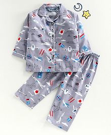 Enfance Core Aeroplane & Helicopter Printed Full Sleeves Night Suit - Grey Enfance Core Aeroplane & Helicopter Printed Full Sleeves Night Suit - Grey