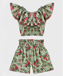 KIDSCRAFT Half Sleeves Floral Print Off Shoulder Top With Shorts - Green KIDSCRAFT Half Sleeves Floral Print Off Shoulder Top With Shorts - Green