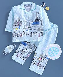 Enfance Core Ferris Wheel And Eiffel Tower Printed Full Sleeves Night Suit With Face Mask - Blue Enfance Core Ferris Wheel And Eiffel Tower Printed Full Sleeves Night Suit With Face Mask - Blue