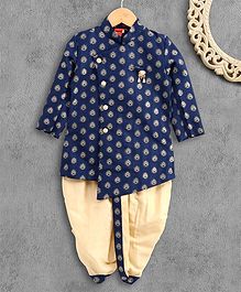 Ethnik's Neu-Ron Printed Full Sleeves Dhoti Kurta Set with Brooch - Blue Ethnik's Neu-Ron Printed Full Sleeves Dhoti Kurta Set with Brooch - Blue